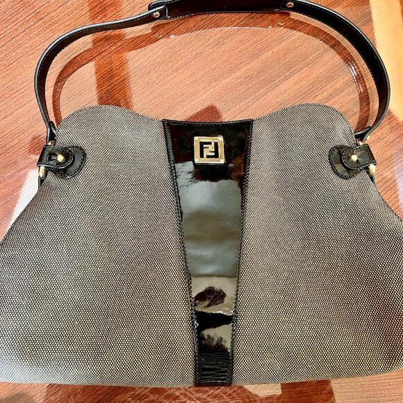 Authentic Fendi Black Patent Leather Trimmed Fabric Shoulder Bag - Picture 7 of 15